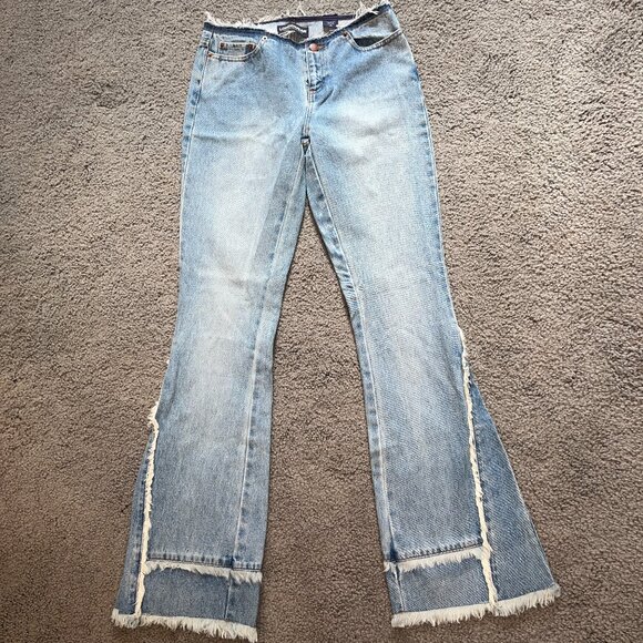 LONDONJEAN FRINGE BIG BELL BOTTOM BLUE JEANS Y2K RETRO FRAYED BOHO W30 L34 TALL - Picture 1 of 9